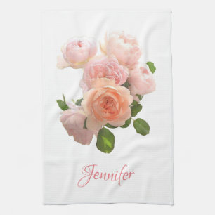 Custom Pink Red Roses Personalized Watercolor Art Kitchen Towel