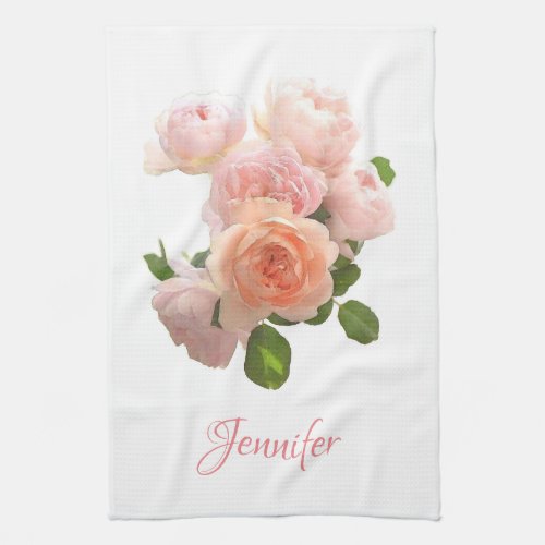 Custom Pink Red Roses Personalized Watercolor Art Kitchen Towel