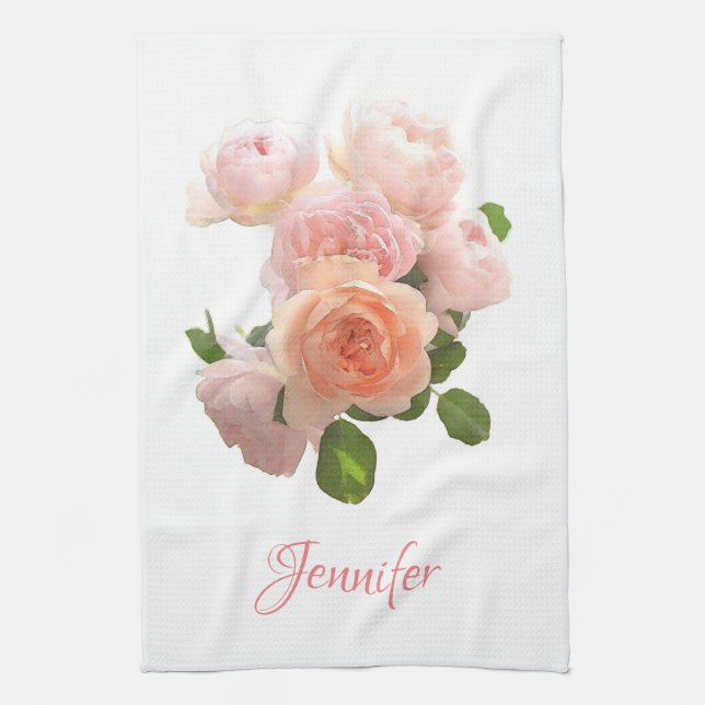 Custom Pink Red Roses Personalized Watercolor Art Kitchen Towel (Vertical)