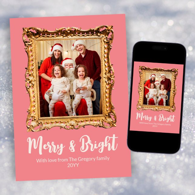 Custom Pink Retro Gold Photo Frame Merry Christmas Holiday Card (Creator Uploaded)