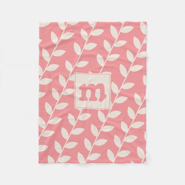 Custom Pink Retro Leaf Pattern Monogram Fleece Blanket (Front)
