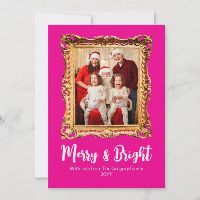 Custom Pink Retro Photo Frame Merry And Bright Holiday Card (Front)