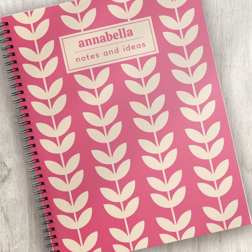 Custom Pink Retro Vibe Leaf Pattern Monogram Notebook
