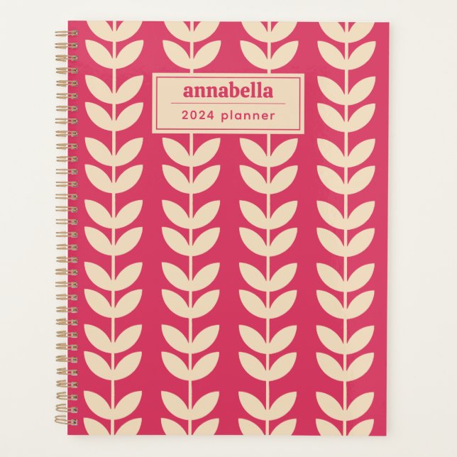 Custom Pink Retro Vibe Leaf Pattern Monogram Planner (Front)