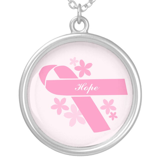 Custom Pink Ribbon Silver Plated Necklace (Front)