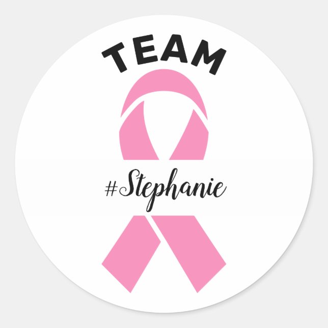 Custom Pink Ribbon Team Support Name Classic Round Sticker (Front)