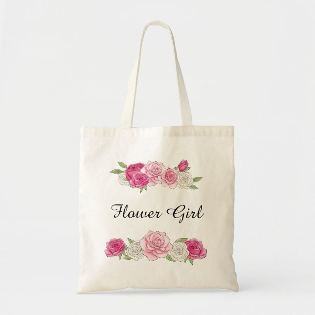 Custom Pink Rose Chic Flower Girl Tote Bag (Front)