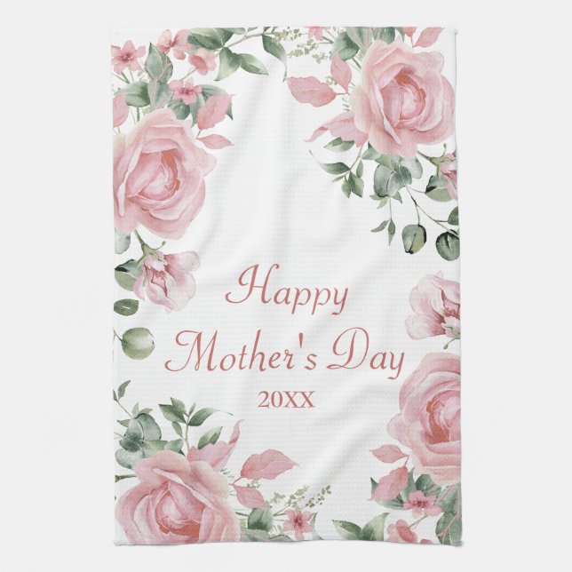 Custom Pink Rose Floral Happy Mothers Day  Kitchen Towel (Vertical)
