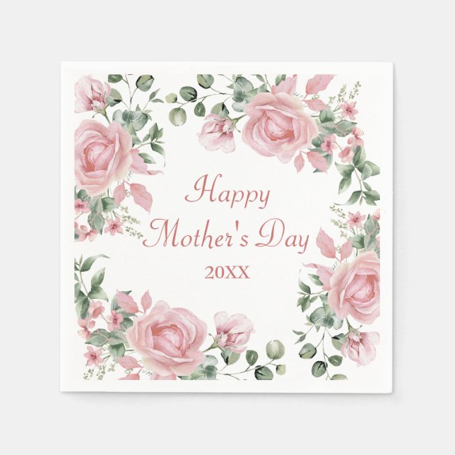 Custom Pink Rose Floral Happy Mothers Day  Napkins (Front)
