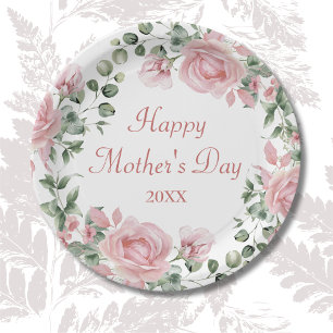 Custom Pink Rose Floral Happy Mothers Day Paper Plates