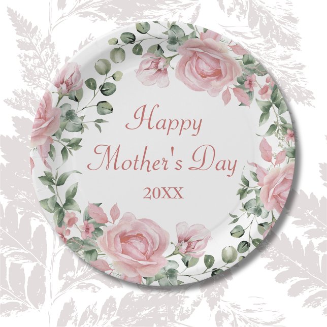 Custom Pink Rose Floral Happy Mothers Day  Paper Plates (Creator Uploaded)