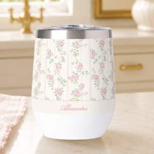 Custom Pink Rose Floral Monogram Thermal Wine Tumbler