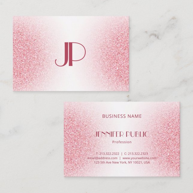 Custom Pink Rose Gold Glitter Modern Monogram Business Card (Front/Back)