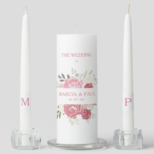 Custom Pink Roses Bouquet Wedding Unity Candle Set (Front)
