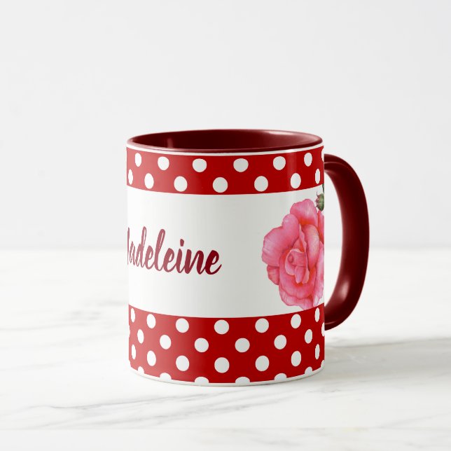 Custom Pink Roses Floral Art Polka Dot Mug (Front Right)