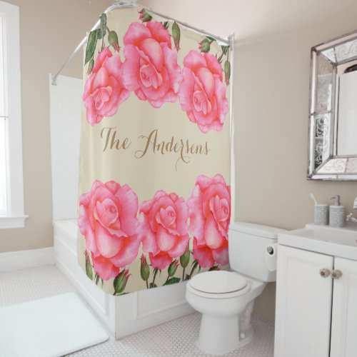 Custom Pink Roses Floral Art Shower Curtain