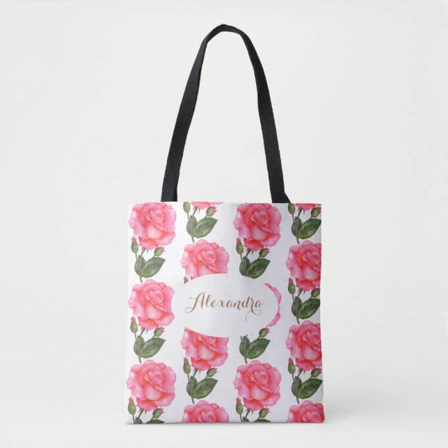 Custom Pink Roses Floral Art Tote Bag (Front)