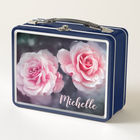 Custom Pink Roses Floral Photo Metal Lunch Box
