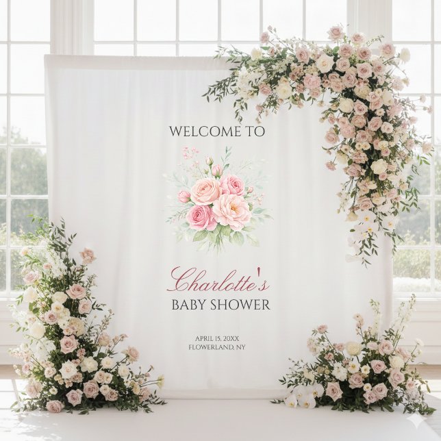 Custom pink roses girl baby shower backdrop banner (Creator Uploaded)