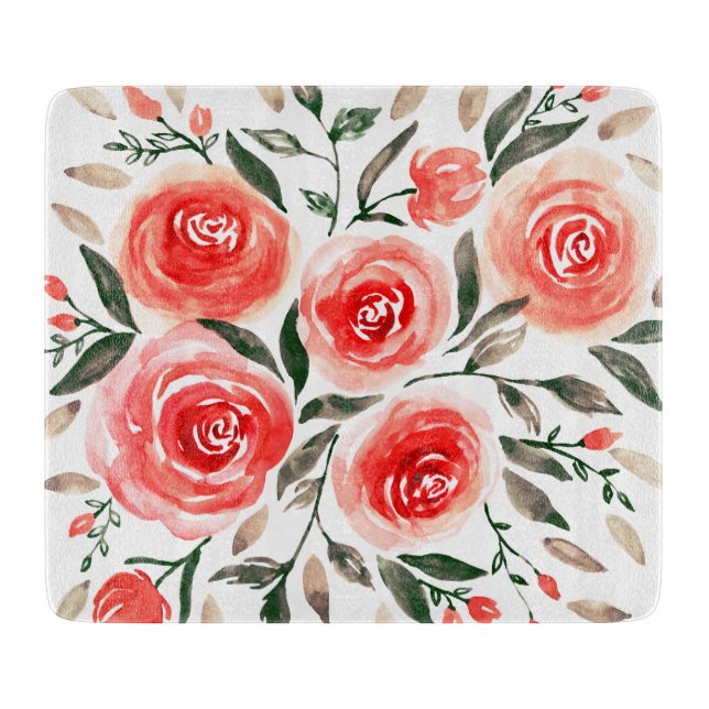 Custom Pink Roses Watercolor Floral Illustration Cutting Board (Front)