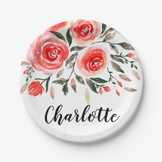 Custom Pink Roses Watercolor Floral Illustration Paper Plates (Front)