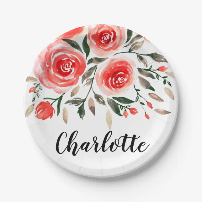 Custom Pink Roses Watercolor Floral Illustration Paper Plates | Zazzle
