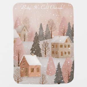 Custom Pink Scandinavian Woodland Winter Village Baby Blanket