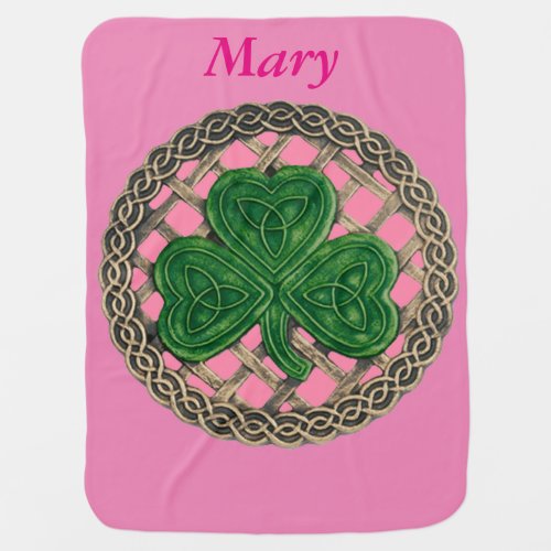 Custom Pink Shamrock On Celtic Knots Baby Blanket