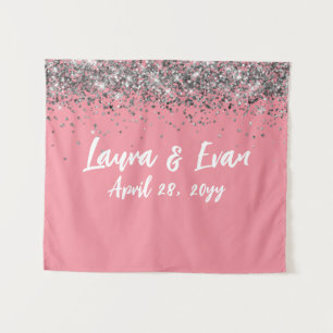 Custom Pink & Silver Glitter Wedding Photo Booth Tapestry