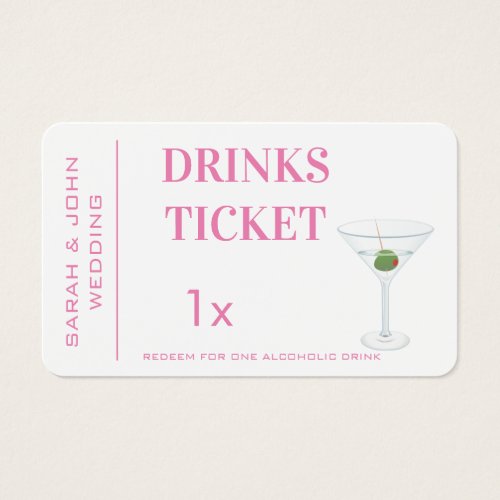 Custom Pink Simple Drink Ticket Wedding Reception 