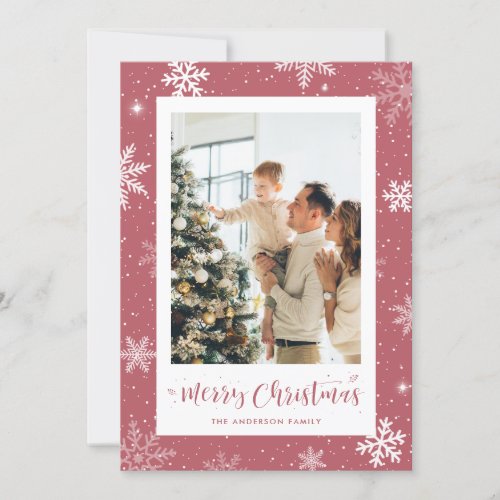 Custom Pink Snowflake Photo Christmas Cards
