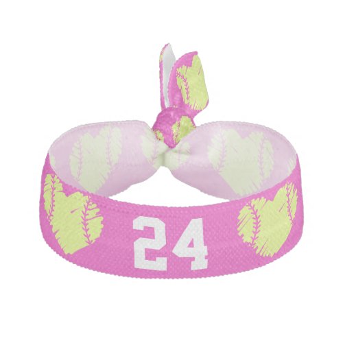 Custom Pink Softball Heart Jersey Number Elastic Hair Tie