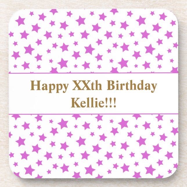 Custom Pink Stars With Message Birthday Party Beverage Coaster (Front)