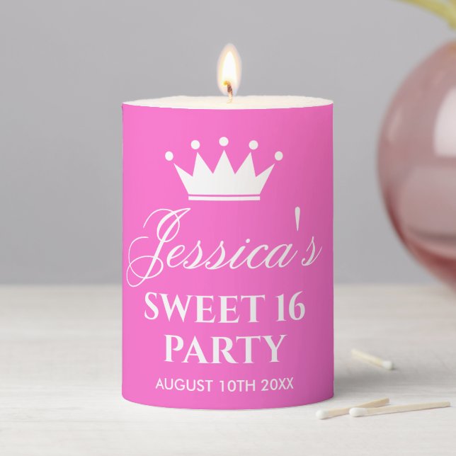 Custom pink sweet sixteen 16th Birthday party Pillar Candle (In Situ)