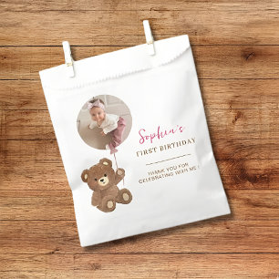 Custom Pink Teddy Bear First Birthday Photo Favor Bag