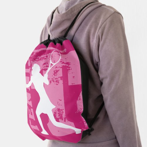 Custom pink tennis player drawstring backpack bag