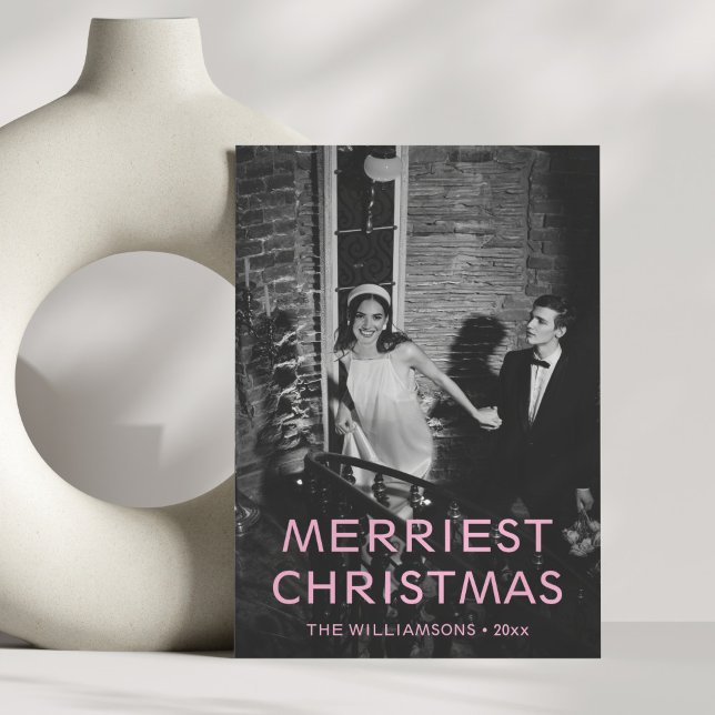 Custom Pink Text Overlay Photo Unique Christmas Holiday Card (Creator Uploaded)