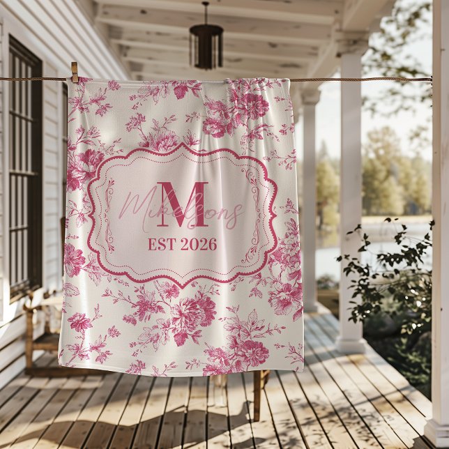Custom Pink Toile Floral Monogram Fleece Blanket (Creator Uploaded)