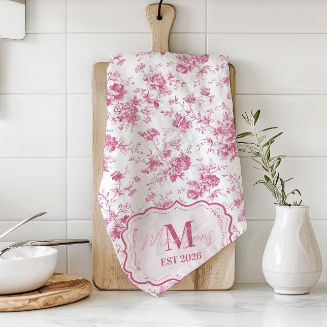 Custom Pink Toile Floral Monogram Kitchen Towel (Creator Uploaded)