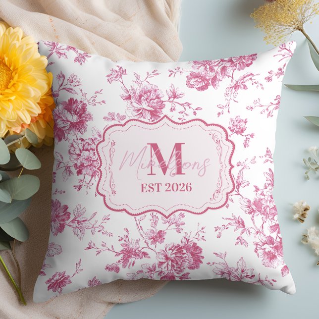 Custom Pink Toile Floral Monogram Throw Pillow (Creator Uploaded)