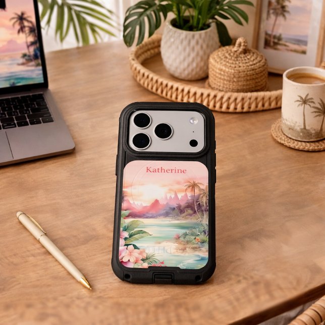Custom Pink Tropical Beach Name Otterbox iPhone Case (Creator Uploaded)