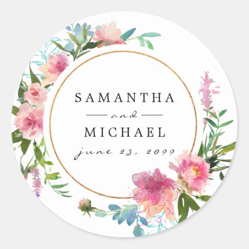 Custom Pink Watercolor Peony and Gold Wedding Classic Round Sticker