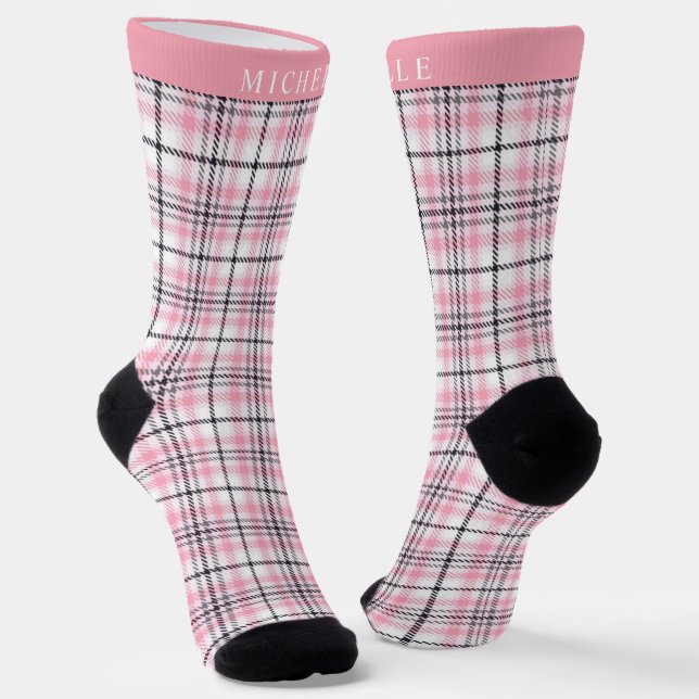 Custom Pink White Black Checkered Pattern Socks (Angled)