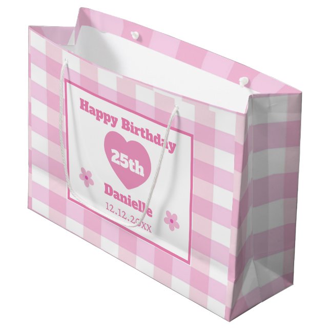 Custom Pink White Checkered Happy 25th Birthday Large Gift Bag (Front Angled)