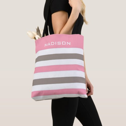 Custom Pink White Grey Brown Colorblock Lines  Tote Bag
