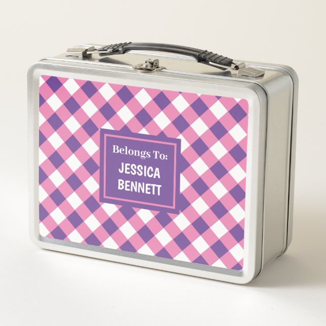 Custom Pink White Purple Checkered Pattern Kid's Metal Lunch Box (Front)