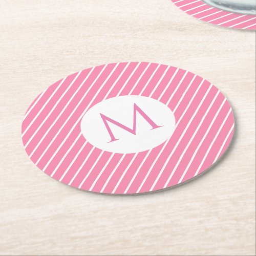 Custom Pink White Stripes Trendy Monogram Modern Round Paper Coaster