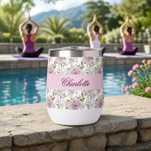Custom Pink Wildflower Name Script Floral Thermal Wine Tumbler