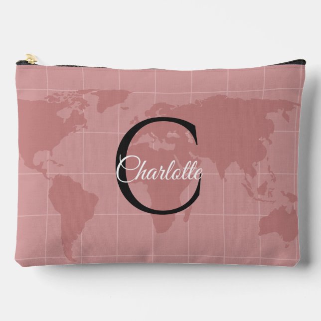 Custom Pink World Map Monogram Name Luxury Accessory Pouch (Front)