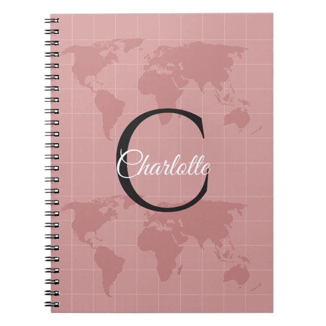 Custom Pink World Map Monogram Name Luxury Gift Notebook (Front)